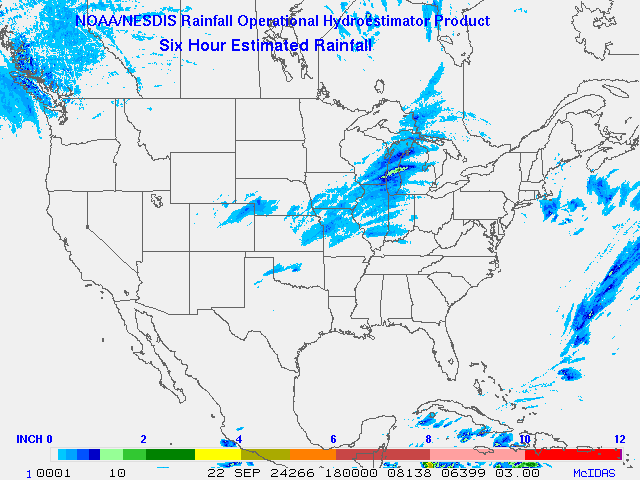 Hydro-Estimator - Contiguous United States - 6-Hour Estimated Rainfall Rate - 09-22-2024 - 18:00 UTC