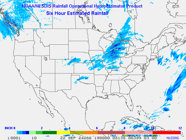 Hydro-Estimator - Contiguous United States - 6-Hour Estimated Rainfall Rate - 09-22-2024 - 19:00 UTC