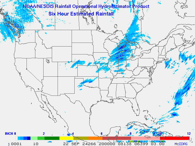 Hydro-Estimator - Contiguous United States - 6-Hour Estimated Rainfall Rate - 09-22-2024 - 20:00 UTC