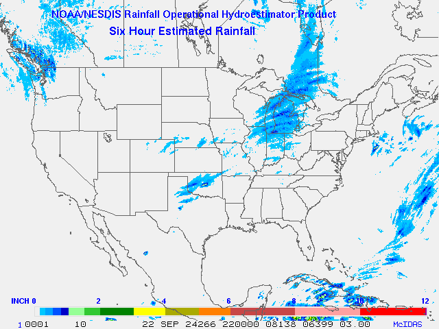 Hydro-Estimator - Contiguous United States - 6-Hour Estimated Rainfall Rate - 09-22-2024 - 22:00 UTC