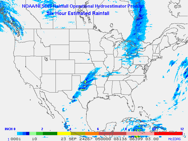 Hydro-Estimator - Contiguous United States - 6-Hour Estimated Rainfall Rate - 09-23-2024 - 05:00 UTC