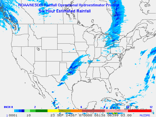 Hydro-Estimator - Contiguous United States - 6-Hour Estimated Rainfall Rate - 09-23-2024 - 07:00 UTC