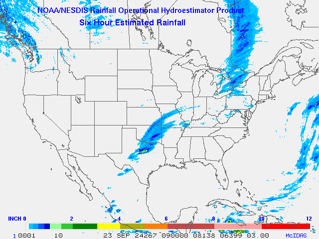 Hydro-Estimator - Contiguous United States - 6-Hour Estimated Rainfall Rate - 09-23-2024 - 09:00 UTC