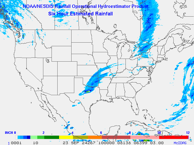 Hydro-Estimator - Contiguous United States - 6-Hour Estimated Rainfall Rate - 09-23-2024 - 10:00 UTC