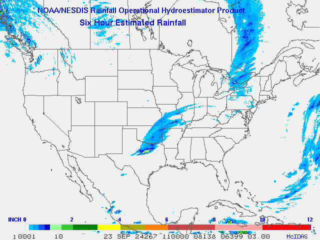 Hydro-Estimator - Contiguous United States - 6-Hour Estimated Rainfall Rate - 09-23-2024 - 11:00 UTC