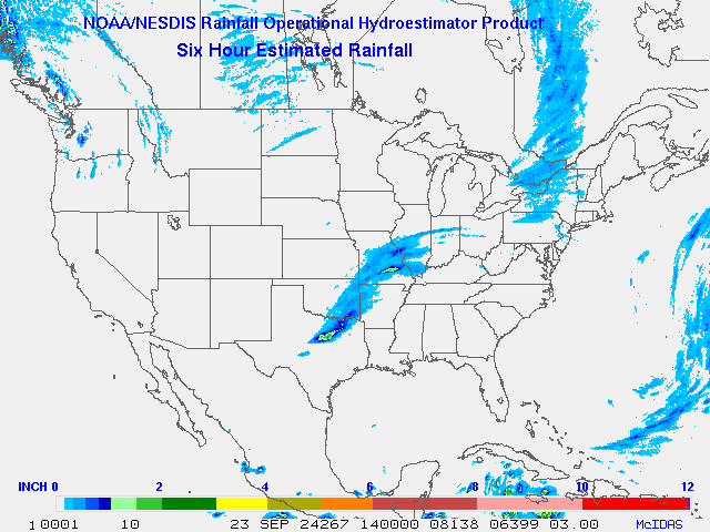 Hydro-Estimator - Contiguous United States - 6-Hour Estimated Rainfall Rate - 09-23-2024 - 14:00 UTC