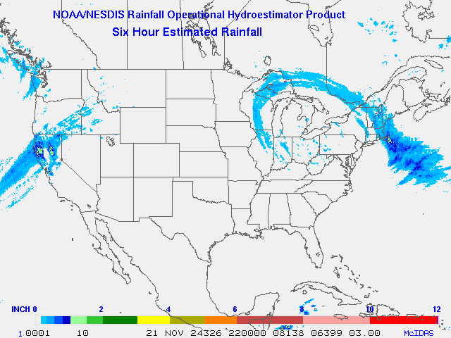 Hydro-Estimator - Contiguous United States - 6-Hour Estimated Rainfall Rate - 11-21-2024 - 22:00 UTC