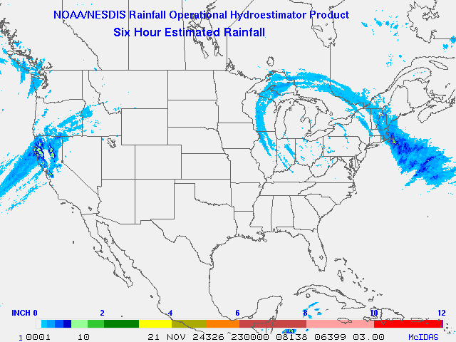 Hydro-Estimator - Contiguous United States - 6-Hour Estimated Rainfall Rate - 11-21-2024 - 23:00 UTC