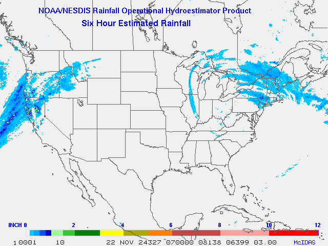 Hydro-Estimator - Contiguous United States - 6-Hour Estimated Rainfall Rate - 11-22-2024 - 07:00 UTC