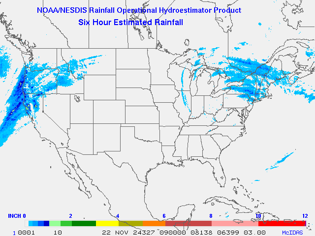 Hydro-Estimator - Contiguous United States - 6-Hour Estimated Rainfall Rate - 11-22-2024 - 09:00 UTC