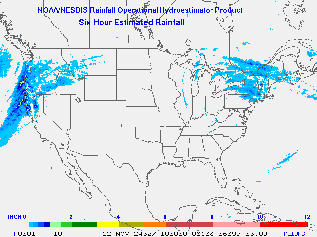 Hydro-Estimator - Contiguous United States - 6-Hour Estimated Rainfall Rate - 11-22-2024 - 10:00 UTC