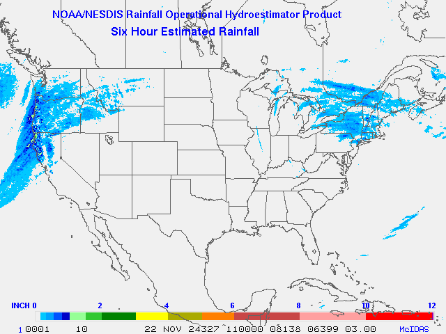 Hydro-Estimator - Contiguous United States - 6-Hour Estimated Rainfall Rate - 11-22-2024 - 11:00 UTC