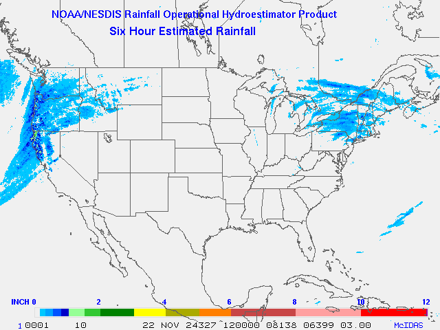 Hydro-Estimator - Contiguous United States - 6-Hour Estimated Rainfall Rate - 11-22-2024 - 12:00 UTC