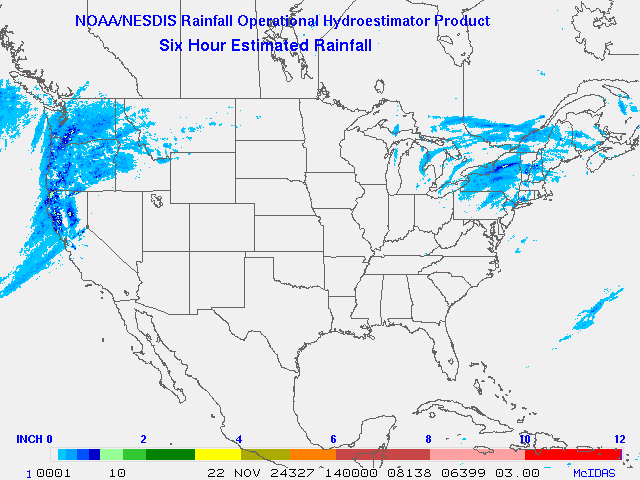 Hydro-Estimator - Contiguous United States - 6-Hour Estimated Rainfall Rate - 11-22-2024 - 14:00 UTC