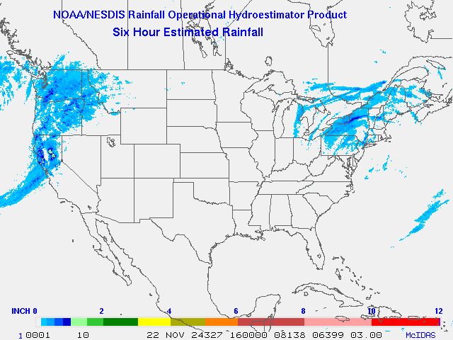 Hydro-Estimator - Contiguous United States - 6-Hour Estimated Rainfall Rate - 11-22-2024 - 16:00 UTC