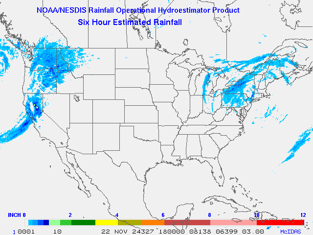 Hydro-Estimator - Contiguous United States - 6-Hour Estimated Rainfall Rate - 11-22-2024 - 18:00 UTC