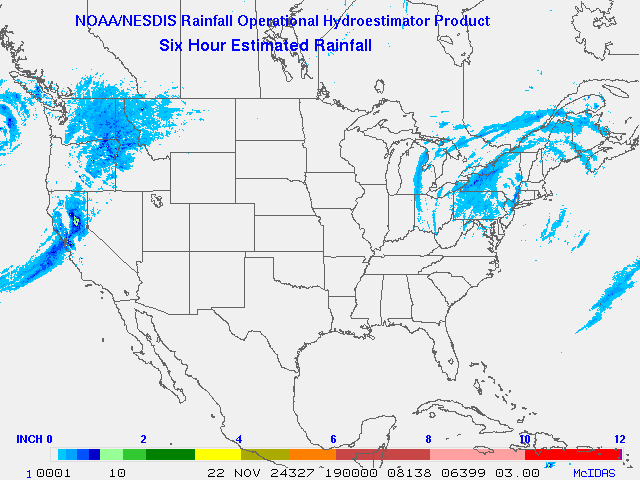 Hydro-Estimator - Contiguous United States - 6-Hour Estimated Rainfall Rate - 11-22-2024 - 19:00 UTC