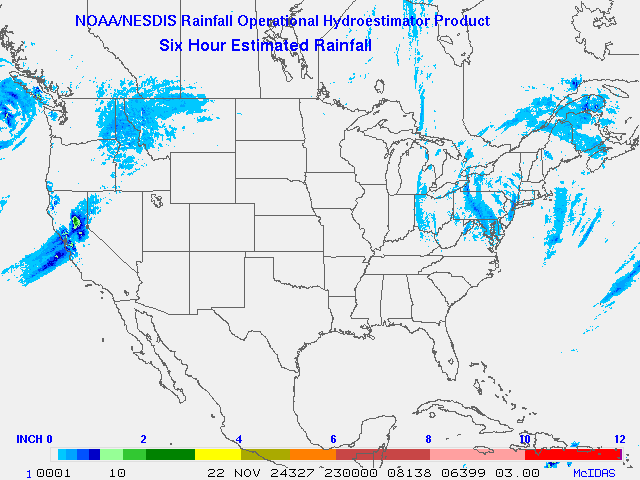 Hydro-Estimator - Contiguous United States - 6-Hour Estimated Rainfall Rate - 11-22-2024 - 23:00 UTC