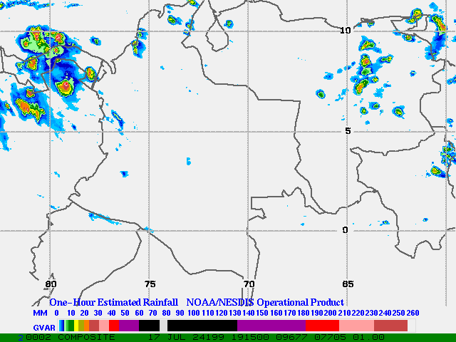 Hydro-Estimator - South America - Ecuador, Venezuela & Colombia - One Hour Estimated Rainfall Images