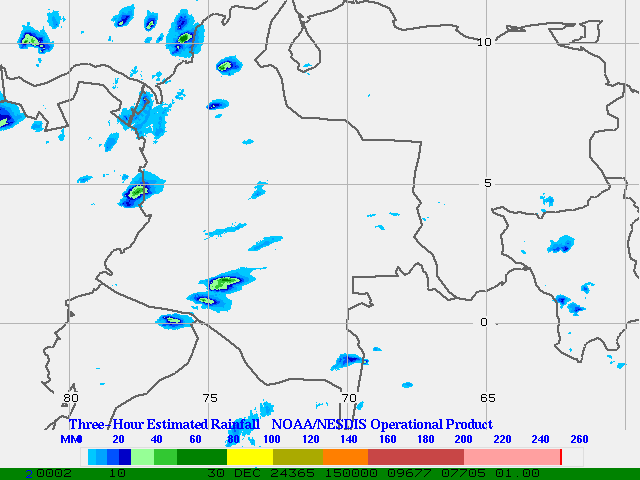 Hydro-Estimator - South America - Ecuador, Venezuela & Colombia - Three Hour Estimated Rainfall Images