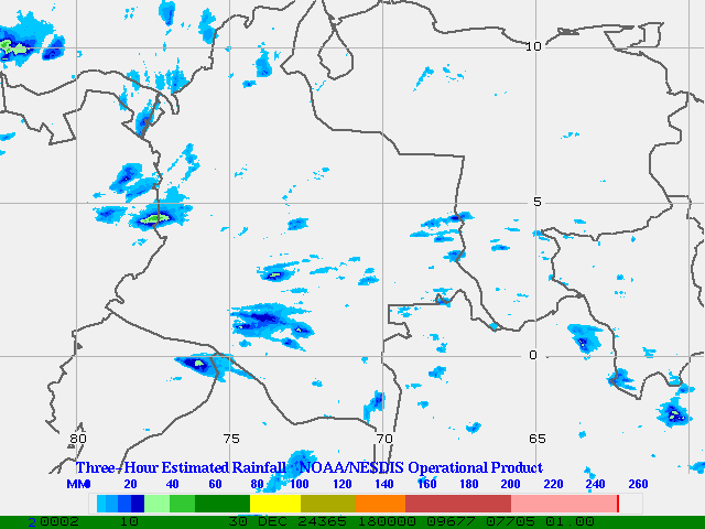 Hydro-Estimator - South America - Ecuador, Venezuela & Colombia - Three Hour Estimated Rainfall Images