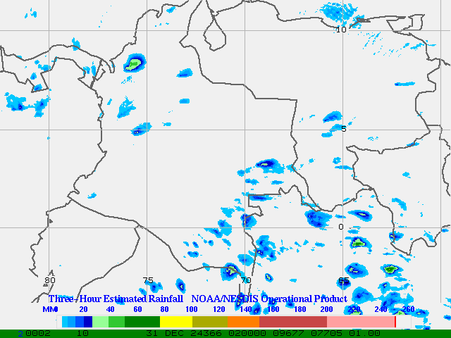 Hydro-Estimator - South America - Ecuador, Venezuela & Colombia - Three Hour Estimated Rainfall Images