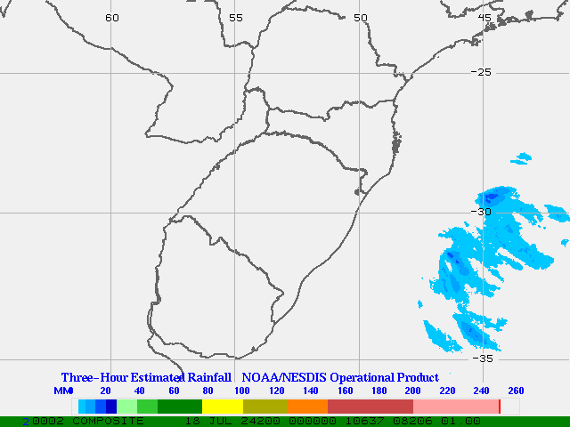 Hydro-Estimator - South America - Southern Brazil & Uruguay - Three Hour Estimated Rainfall Images