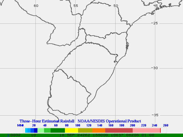 Hydro-Estimator - South America - Southern Brazil & Uruguay - Three Hour Estimated Rainfall Images