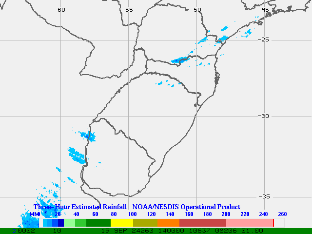 Hydro-Estimator - South America - Southern Brazil & Uruguay - Three Hour Estimated Rainfall Images