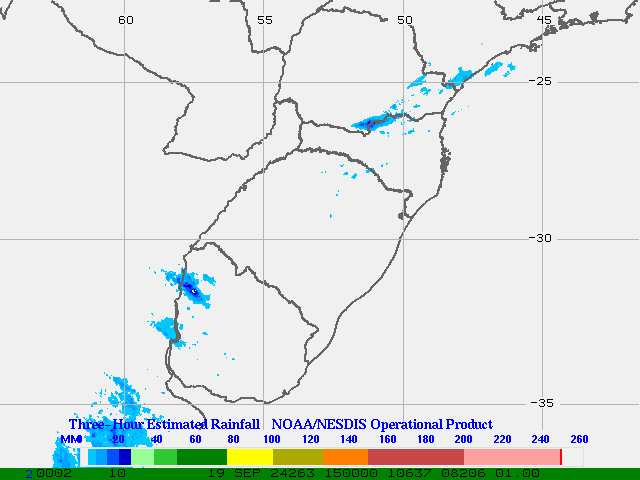 Hydro-Estimator - South America - Southern Brazil & Uruguay - Three Hour Estimated Rainfall Images