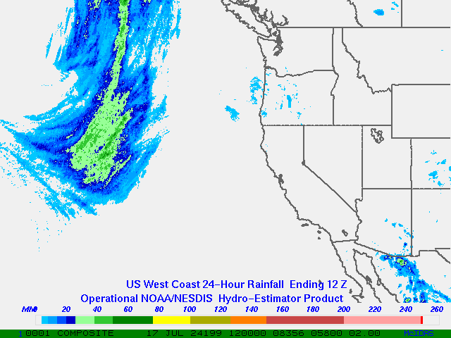Hydro-Estimator - Eastern Pacific - U.S. West Coast - 24 Hour Estimated Rainfall Images