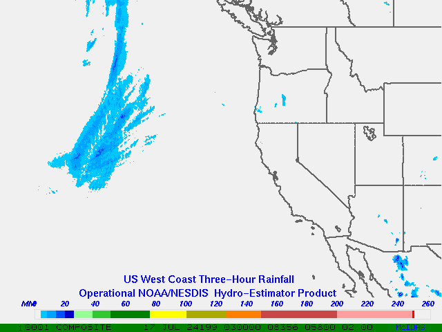 Hydro-Estimator - Eastern Pacific - U.S. West Coast - Three Hour Estimated Rainfall Images