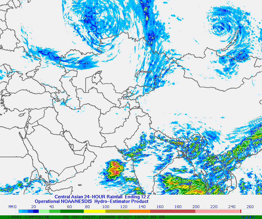 Hydro-Estimator - Central and Western Asia - 24 Hour Estimated Rainfall Images