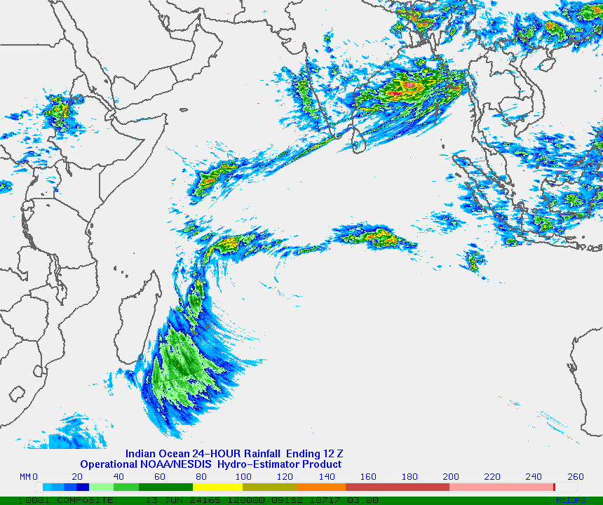 Hydro-Estimator - Indian Ocean Basin, East Africa, Southeast Asia - 24 Hour Estimated Rainfall Images