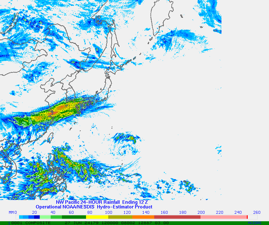 Hydro-Estimator - Northwest Pacific Ocean, Japan, Eastern China & The Philippines - 24 Hour Estimated Rainfall Images