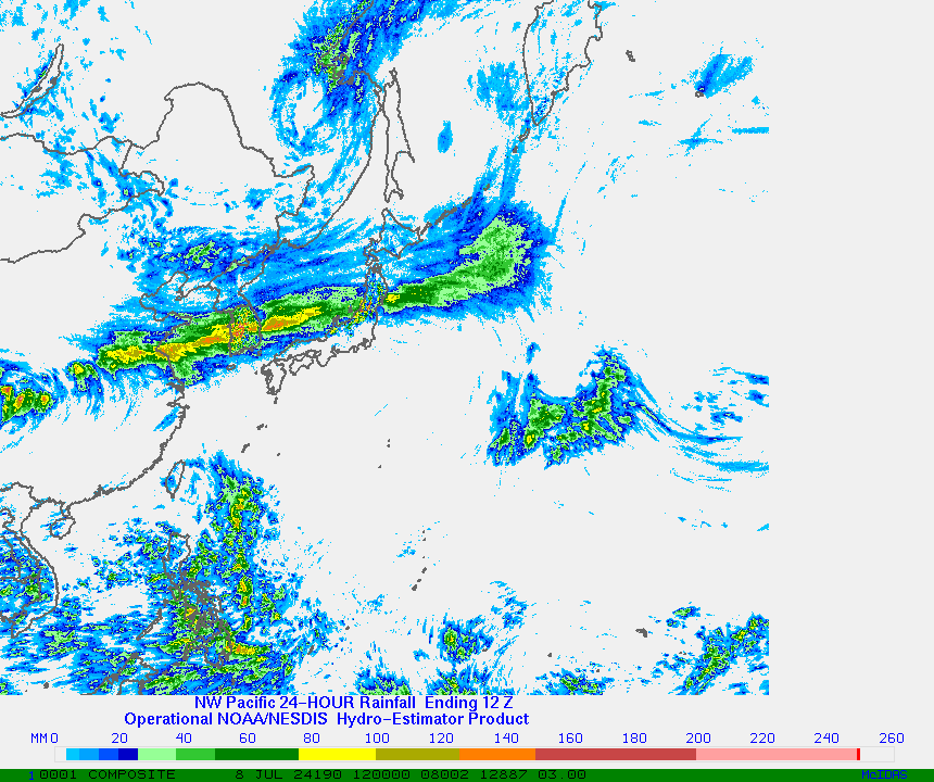 Hydro-Estimator - Northwest Pacific Ocean, Japan, Eastern China & The Philippines - 24 Hour Estimated Rainfall Images