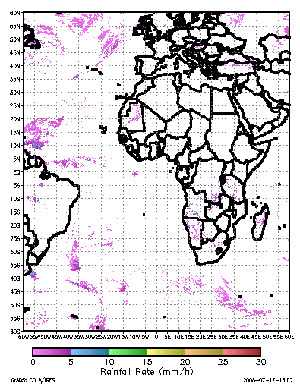 Rainfall rates retrieved from SEVIRI data at 12:45 UTC January 7, 2005 using the GOES-R Rainfall Rate algorithm.
