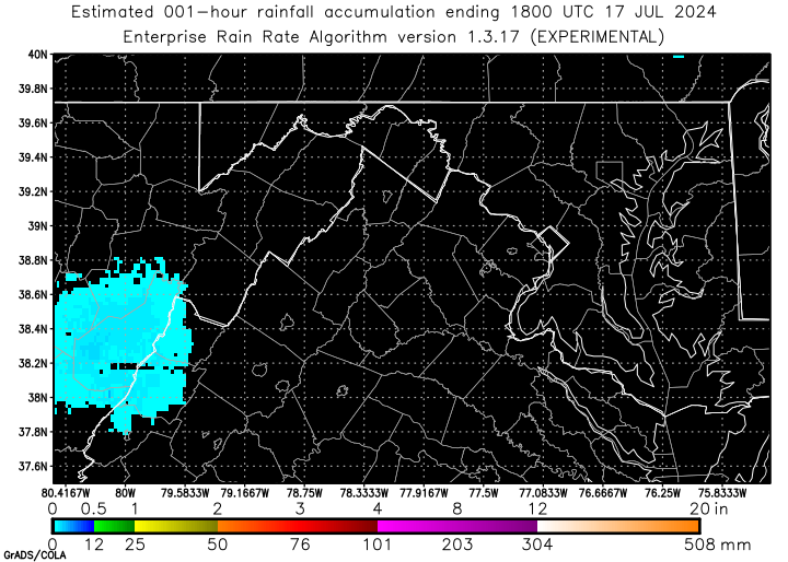Self-Calibrating Multivariate Precipitation Retrieval (SCaMPR) - DC-area - One Hour Estimated Rainfall