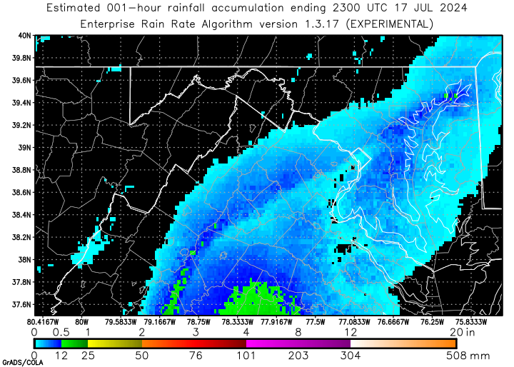 Self-Calibrating Multivariate Precipitation Retrieval (SCaMPR) - DC-area - One Hour Estimated Rainfall