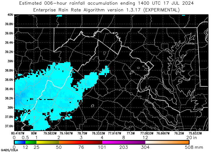 Self-Calibrating Multivariate Precipitation Retrieval (SCaMPR) - DC-area - Six Hour Estimated Rainfall