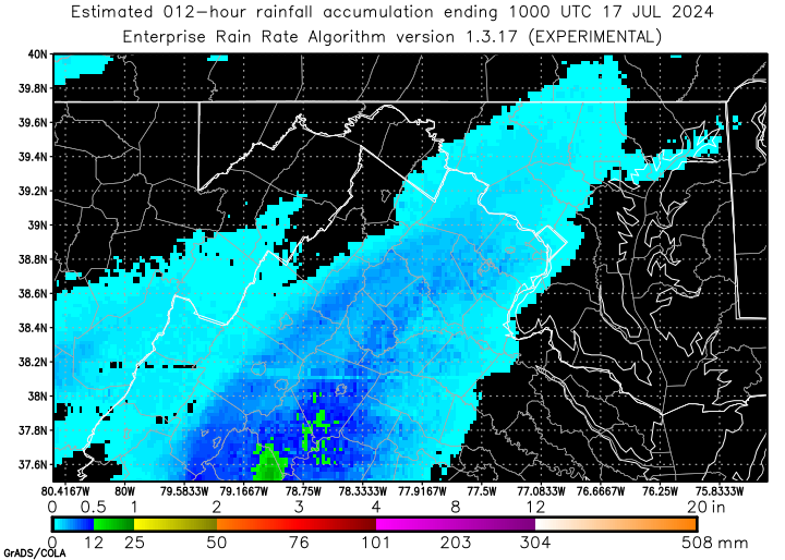 Self-Calibrating Multivariate Precipitation Retrieval (SCaMPR) - DC-area - 12-hour Estimated Rainfall