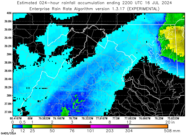 Self-Calibrating Multivariate Precipitation Retrieval (SCaMPR) - DC-area - 24-hour Estimated Rainfall